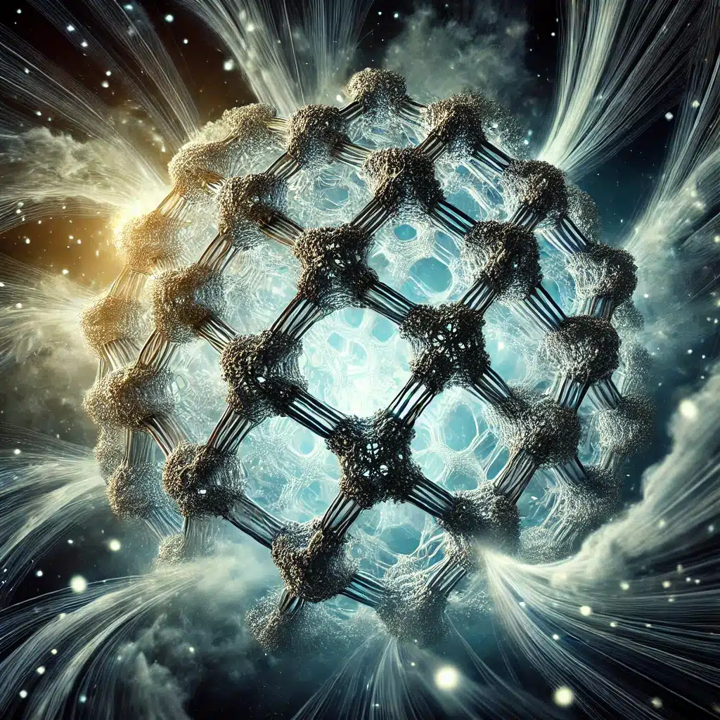 DALL·E 2025-02-04 11.16.34 - A dramatic, high-contrast illustration of a luminous, crystalline zeolite structure with interconnected cage-like patterns. The zeolite actively pulls
