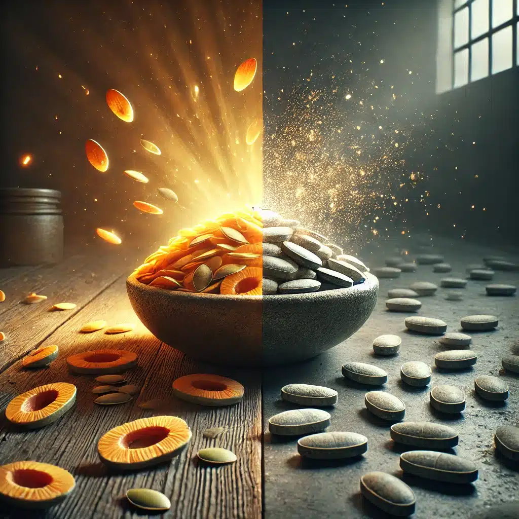 DALL·E 2025-10-16 15.43.38 - A dramatic, hyper-realistic close-up comparison of real food magnesium versus synthetic magnesium pills. On the left side, a rustic wooden table holds