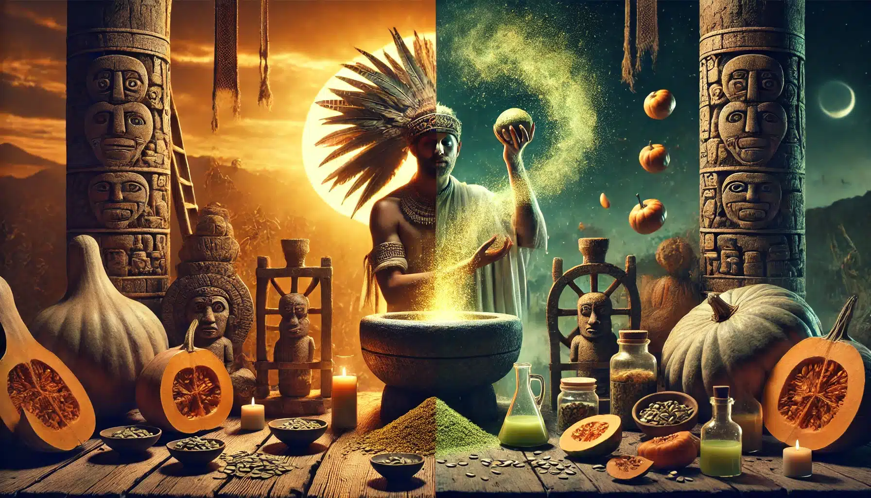 DALL·E 2025-10-21 16.57.01 - A cinematic, ultra-detailed split image. On the left side_ an ancient Mesoamerican scene featuring a powerful figure in traditional attire with a feat