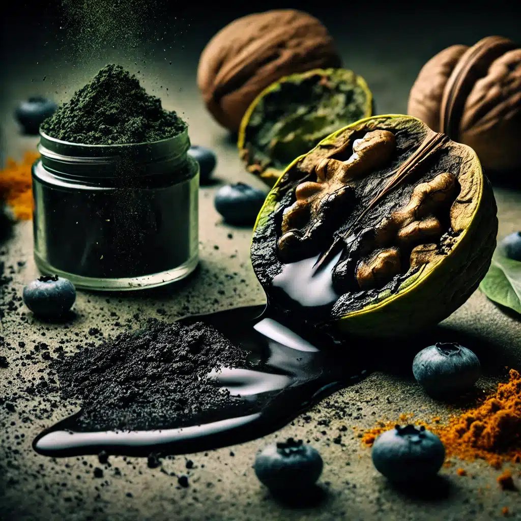 DALL·E 2026-01-07 16.49.14 - A dramatic, high-contrast still life featuring freshly split green black walnut hulls releasing thick, dark, ink-like pigment spreading across a rough
