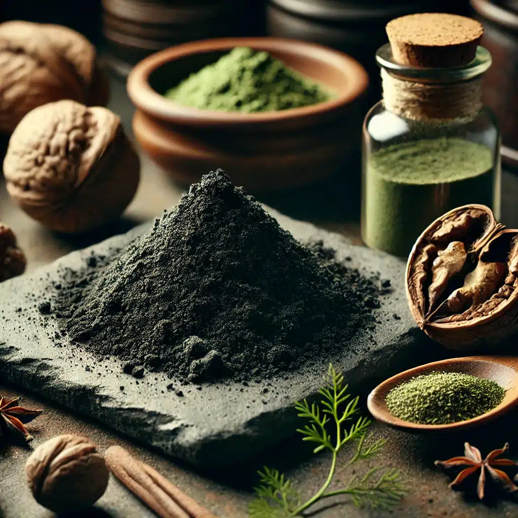 DALL·E 2026-01-07 17.04.57 - A grounded, old-world still life centered on a small mound of deep brown-black black walnut hull extract powder resting on a dark stone slab, with its