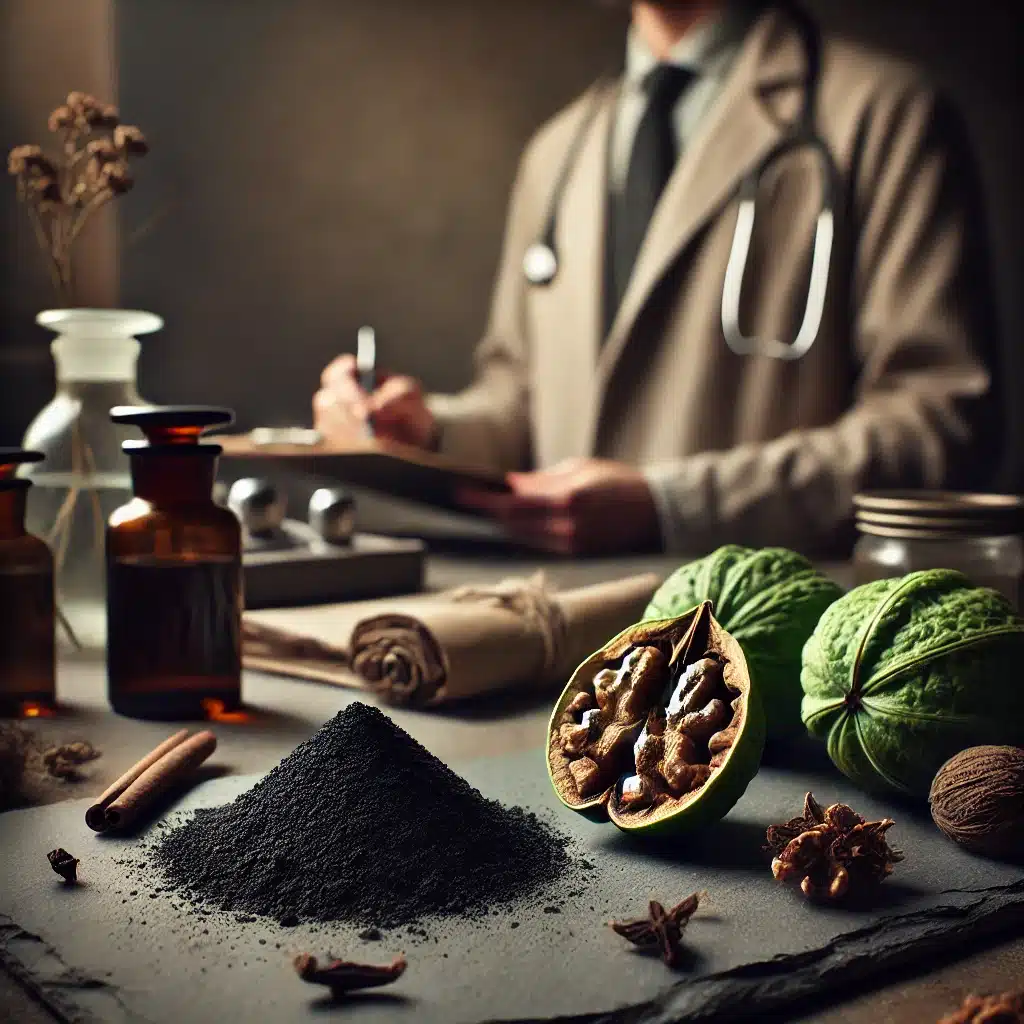DALL·E 2026-01-07 17.45.35 - A cinematic, old-world botanical still life set in a warm, natural-light workspace. In the foreground, a small mound of dark black walnut hull extract