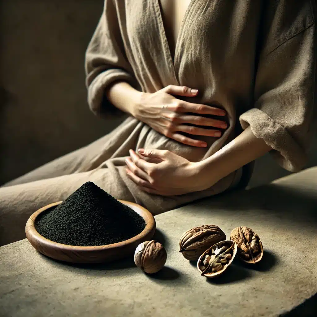 DALL·E 2026-01-08 04.58.42 - A serene, cinematic scene set in warm natural light. In the foreground, a small, orderly mound of dark black walnut hull extract powder rests on a smo