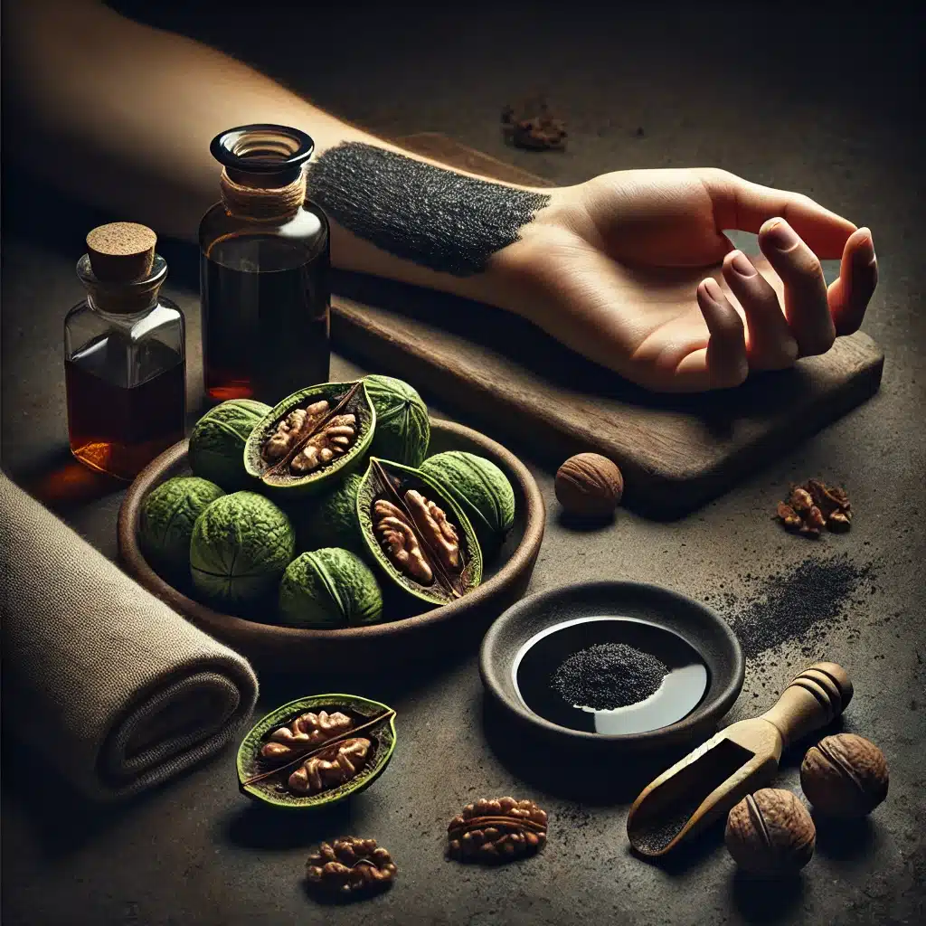 DALL·E 2026-01-08 05.20.51 - A dramatic, old-world botanical still life focused on topical use. In the foreground, split green black walnut hulls rest on a dark stone surface, rel
