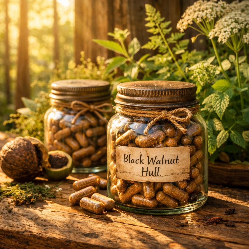 Black,Walnut,Hull,Supplements,In,Rustic,Glass,Jars,,Filled,With