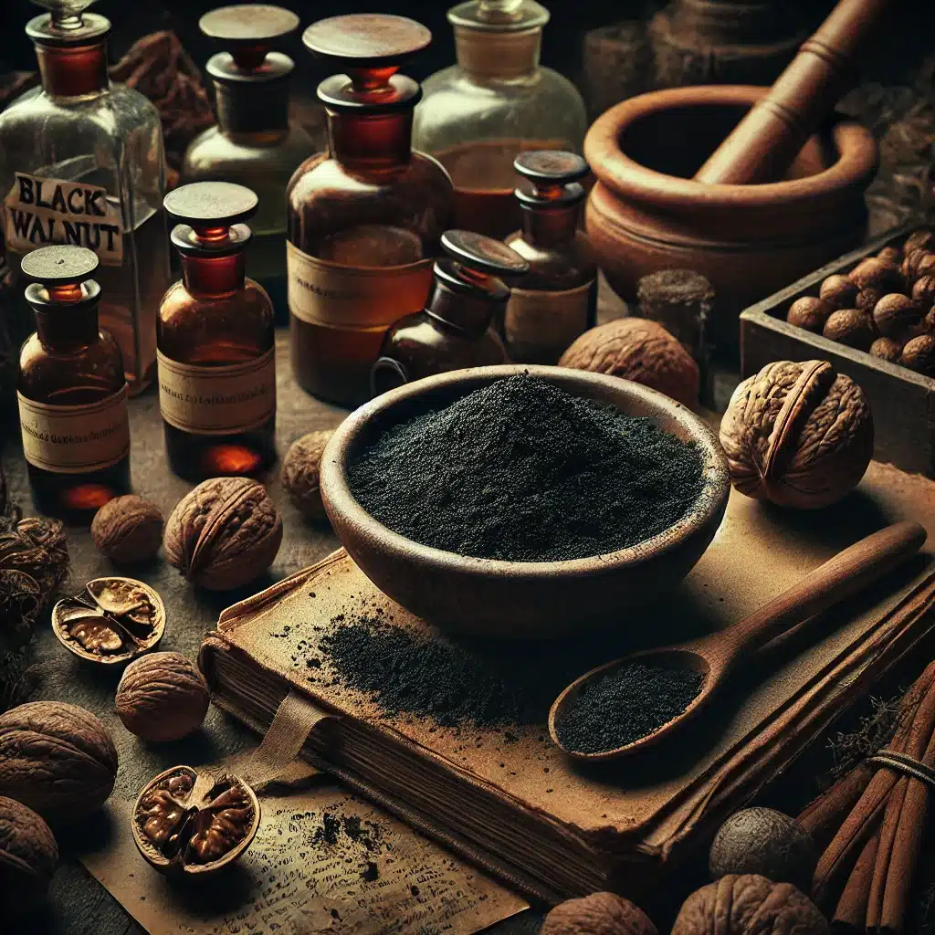 DALL·E 2026-02-04 16.00.36 - Cinematic, moody still-life scene featuring dark green and black walnut hulls split open, releasing deep brown ink-like pigment, resting on an aged wo